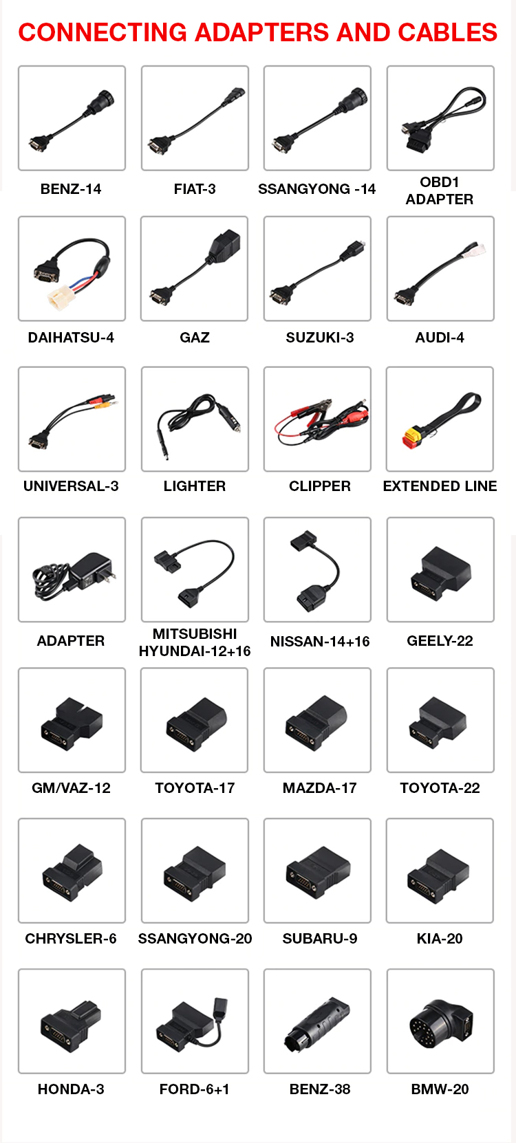 launch x431 v pro provides 14 special connectors and 13 cables